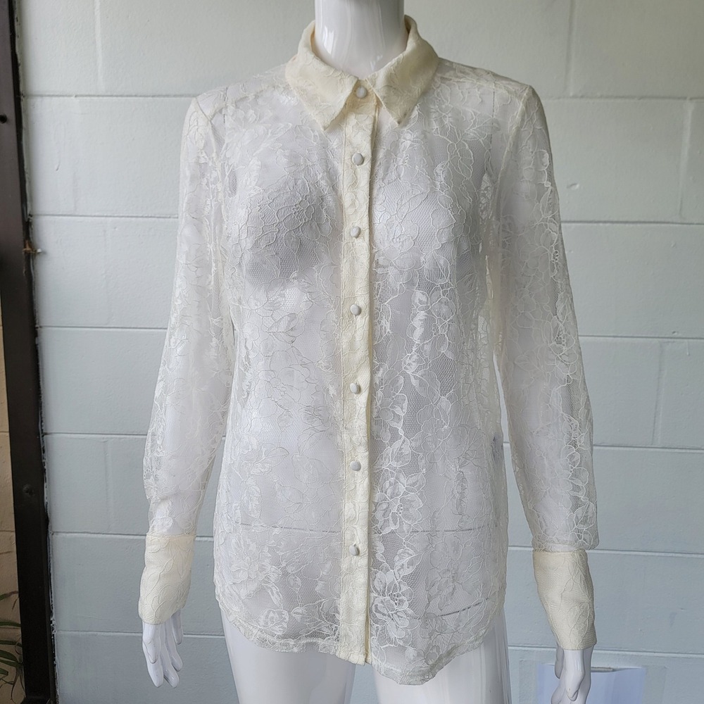 Bar III Lace Button Down Shirt Ivory Women's S Coquette Romantic